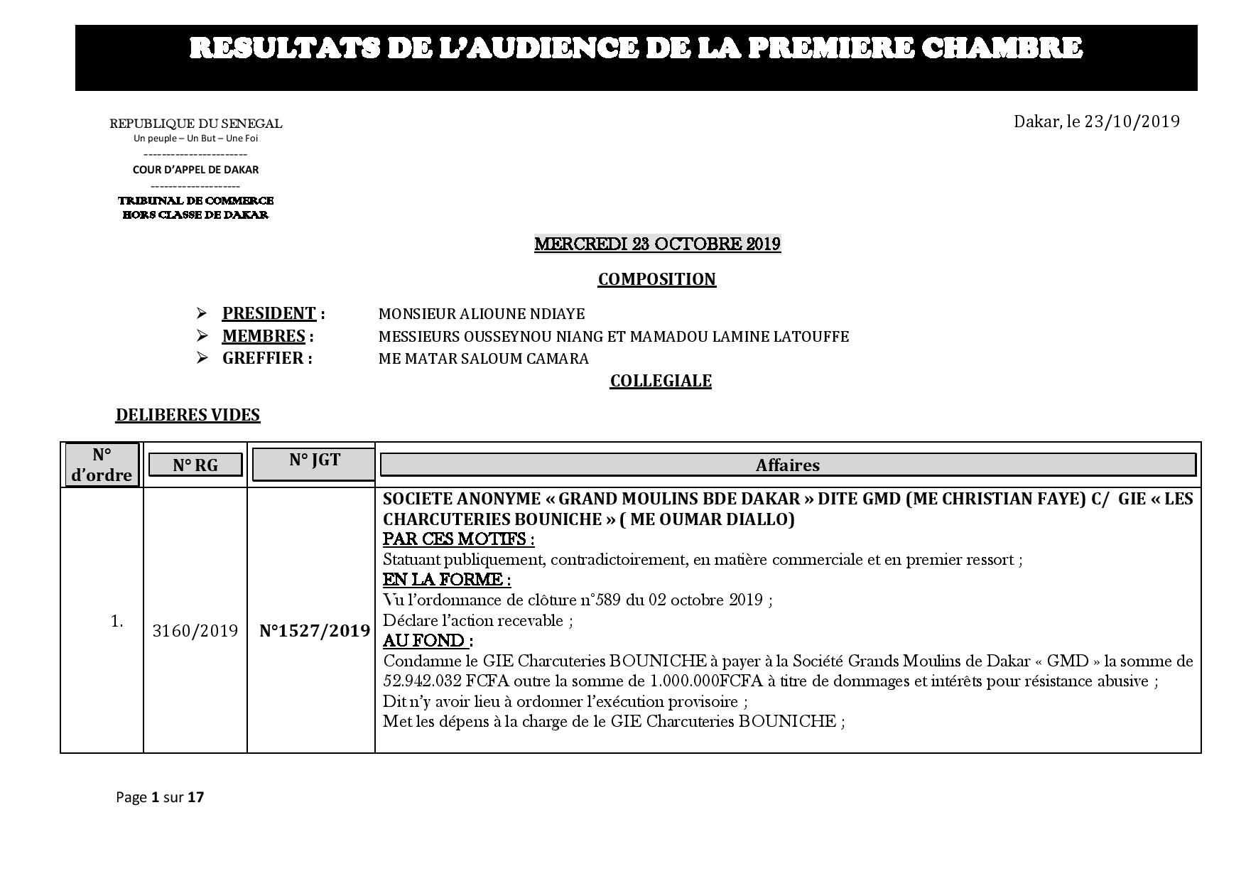 Tribunal du Commerce: Délibérés des Audiences du mercredi 23 octobre 