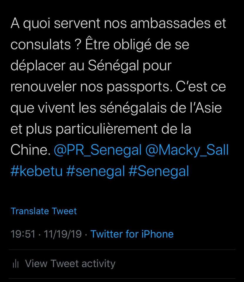 La direction des passeports insensible à la situation des sénégalais de chine