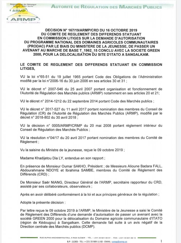 PRODAC - GREEN 2000: Comment l'Armp a couvert un gré à gré de 3 milliards de FCfa (Documents)