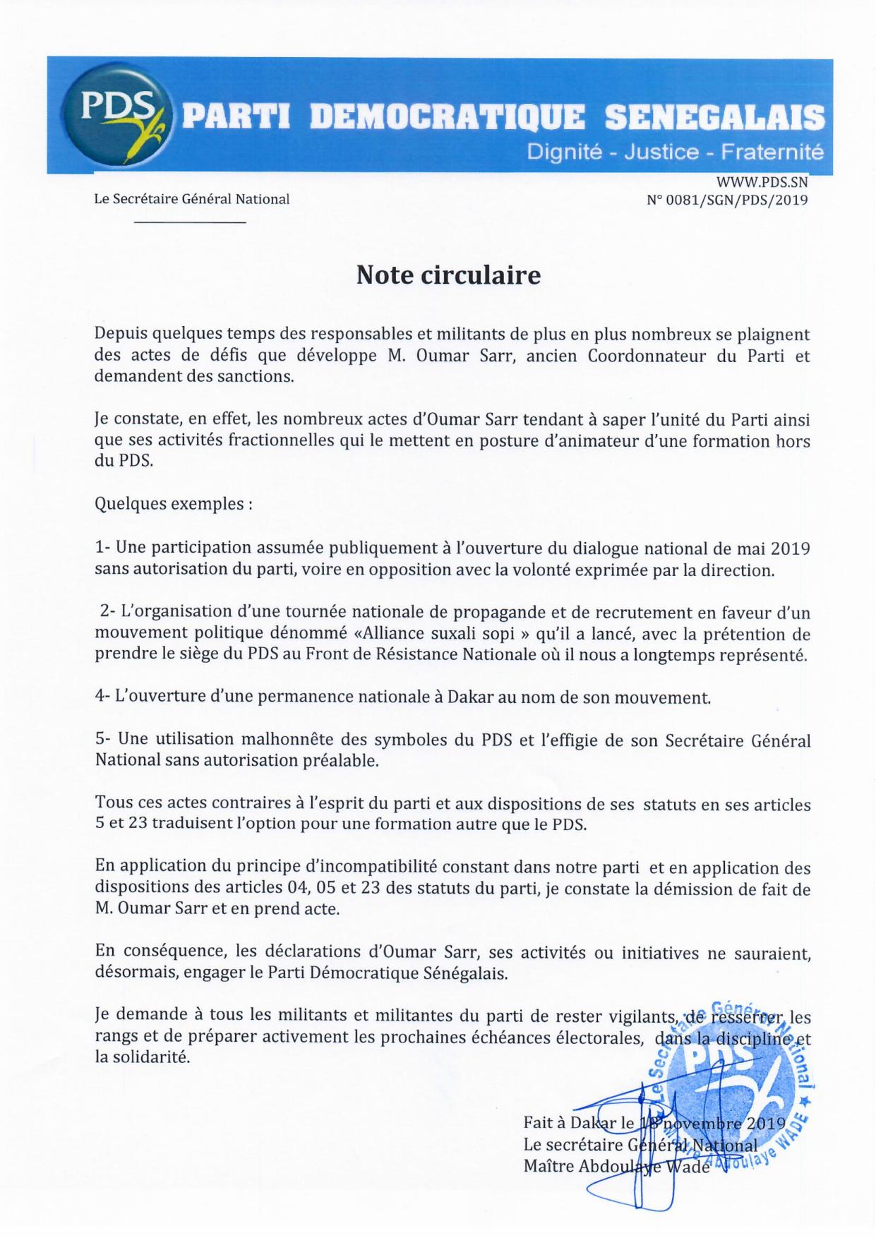 Wade exclut Oumar Sarr du Pds (Document)