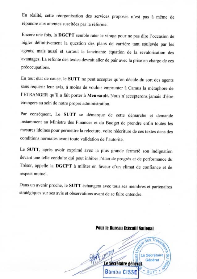 Réorganisation de la DGCPT: Les travailleurs ruent dans les brancards