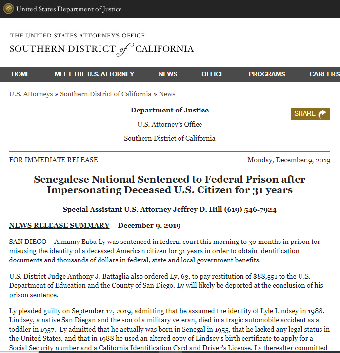 Etats Unis: Un Sénégalais condamné à 30 mois de prison pour usurpation d’identité 