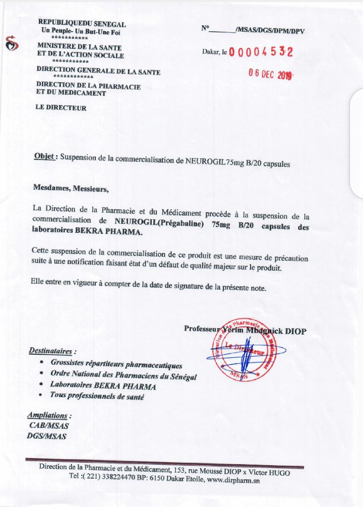 Médicaments: Neurogil retiré de la vente