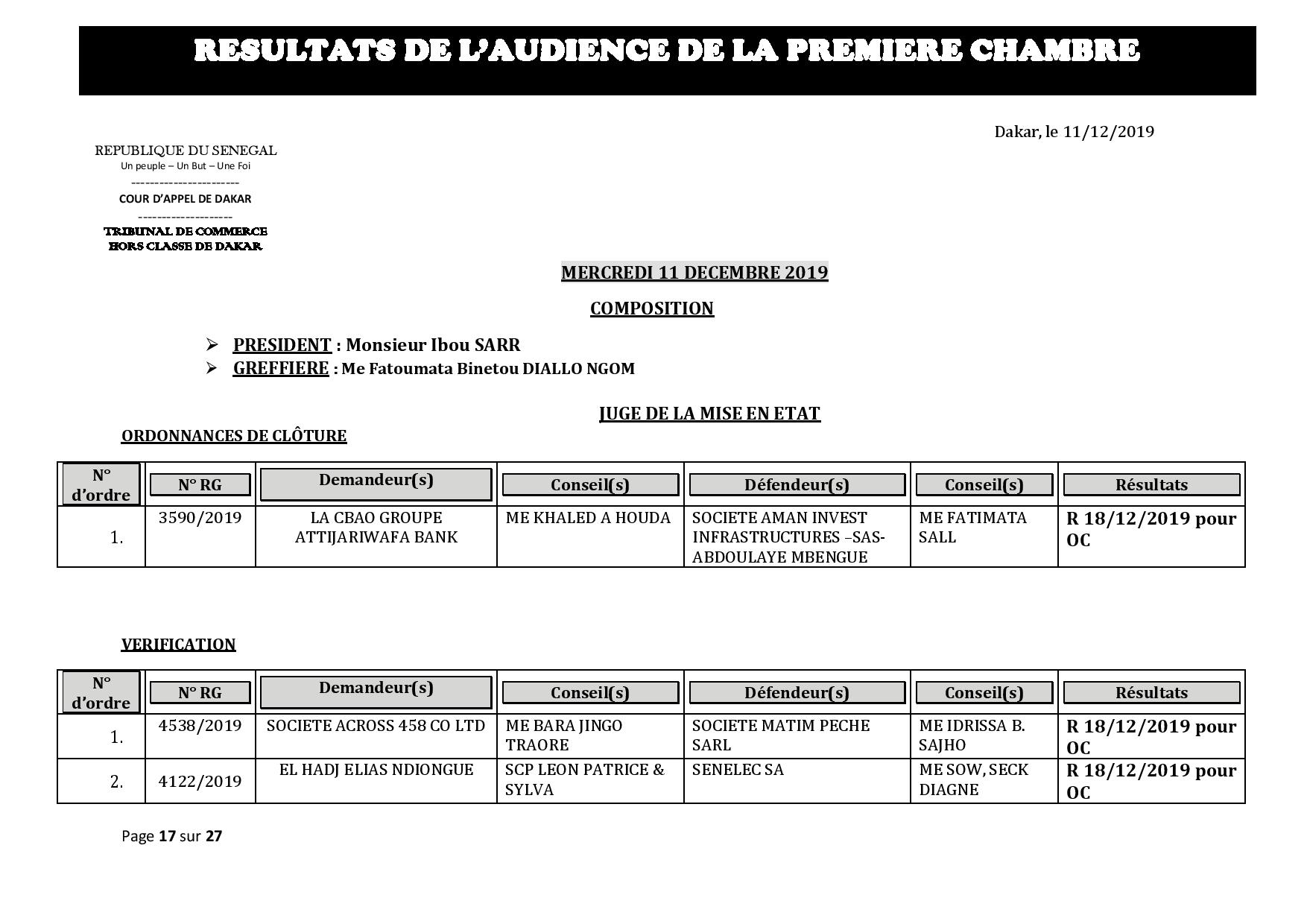 Tribunal du Commerce: Délibérés des Audiences du mercredi 11 décembre