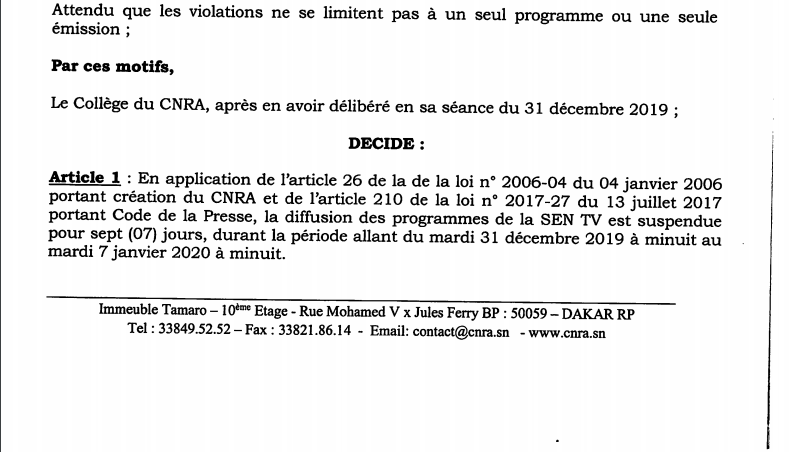 Sentv suspendue pour 7 jours : Ce que le CNRA reproche à la télé de Bougane (Documents)