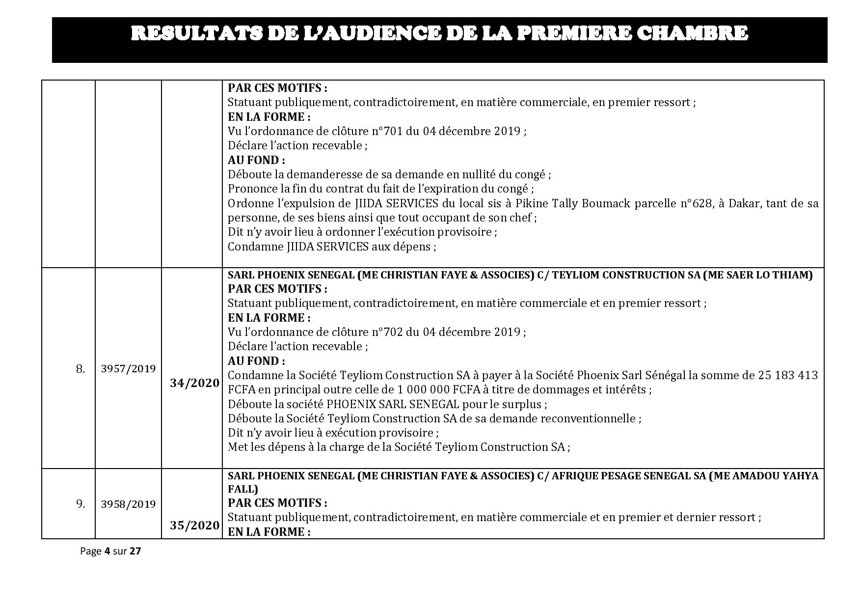 Tribunal du Commerce: Délibérés des Audiences de la Première Chambre du 8 janvier