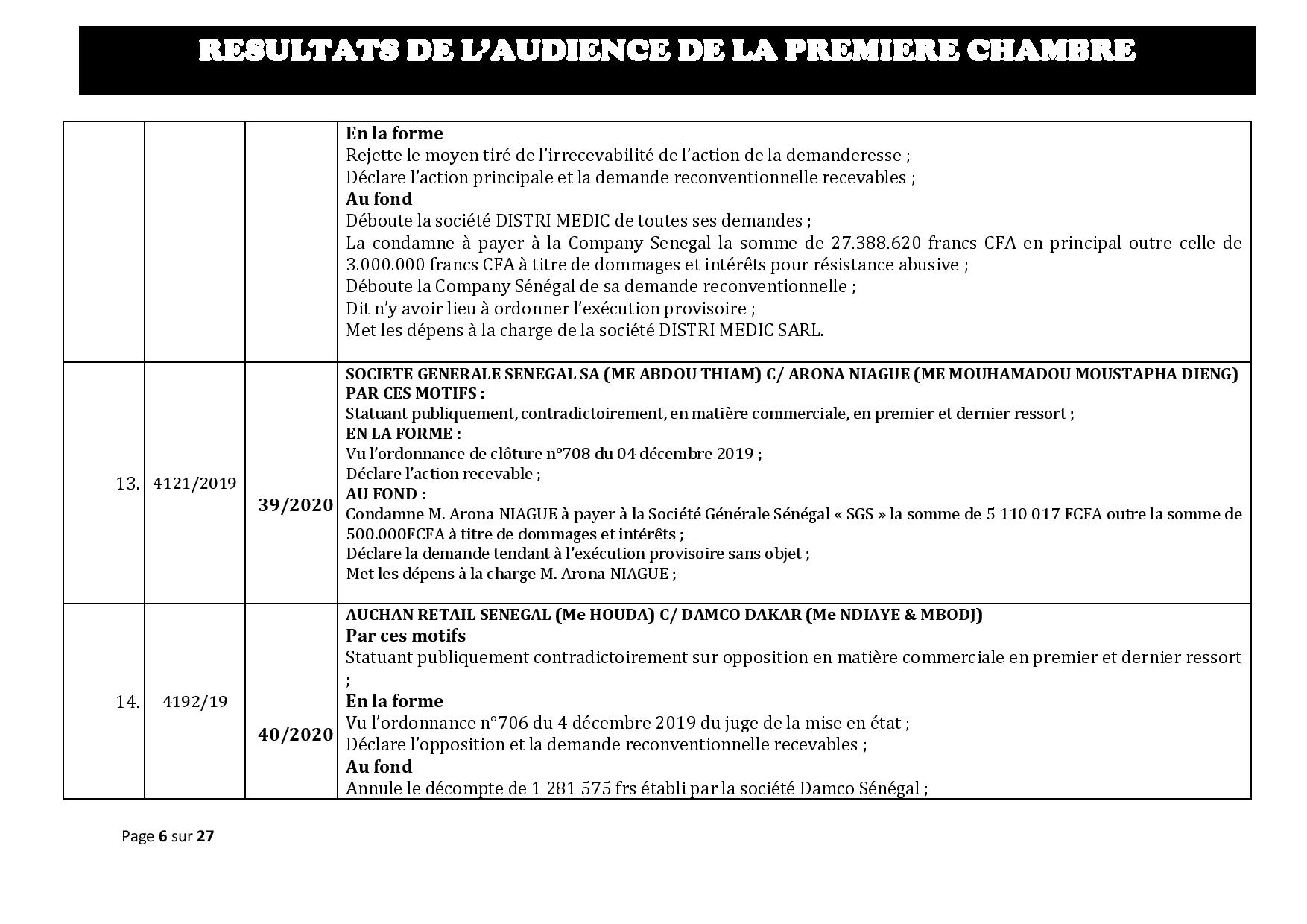 Tribunal du Commerce: Délibérés des Audiences de la Première Chambre du 8 janvier