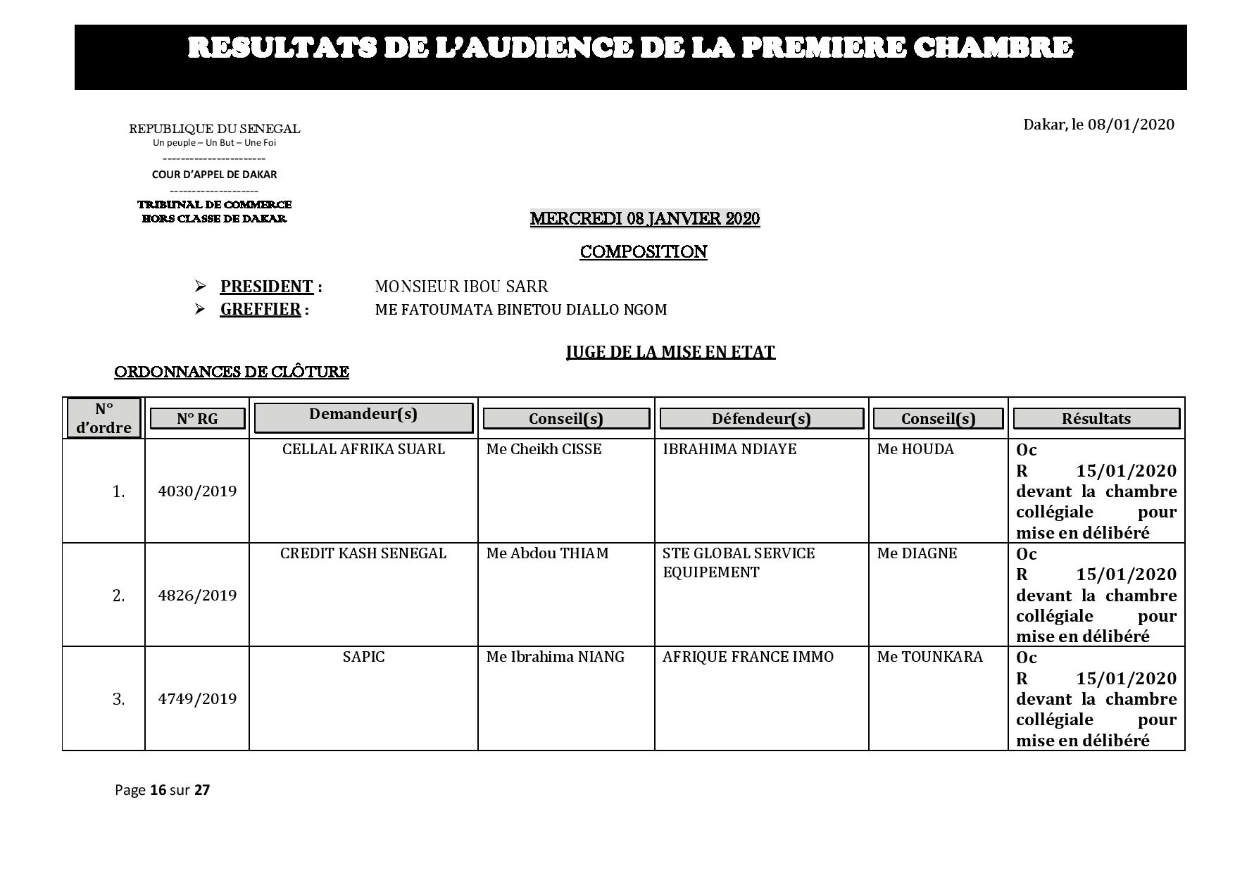 Tribunal du Commerce: Délibérés des Audiences de la Première Chambre du 8 janvier