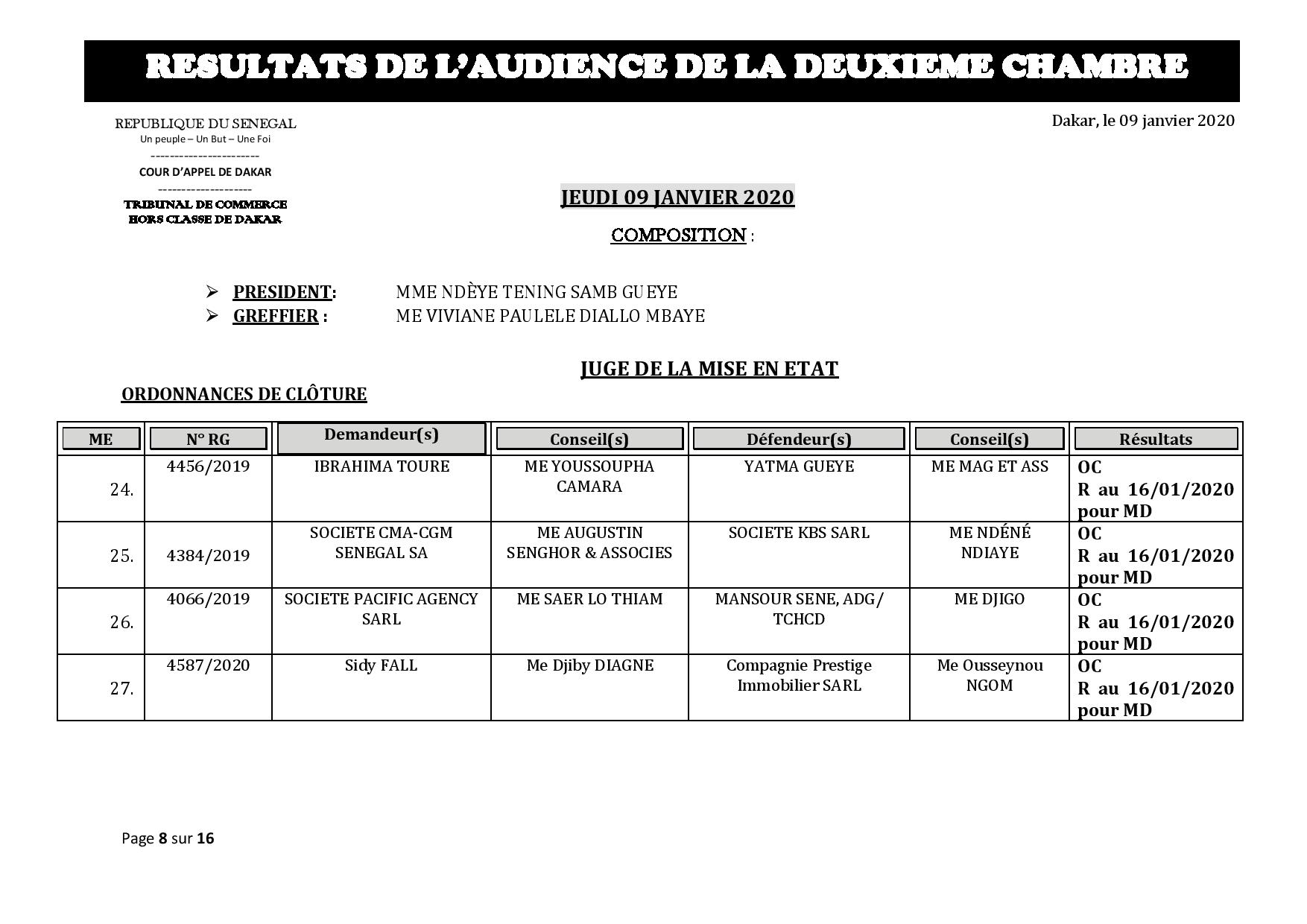 Tribunal du Commerce: Délibérés des Audiences de la 2e Chambre du jeudi 9 janvier
