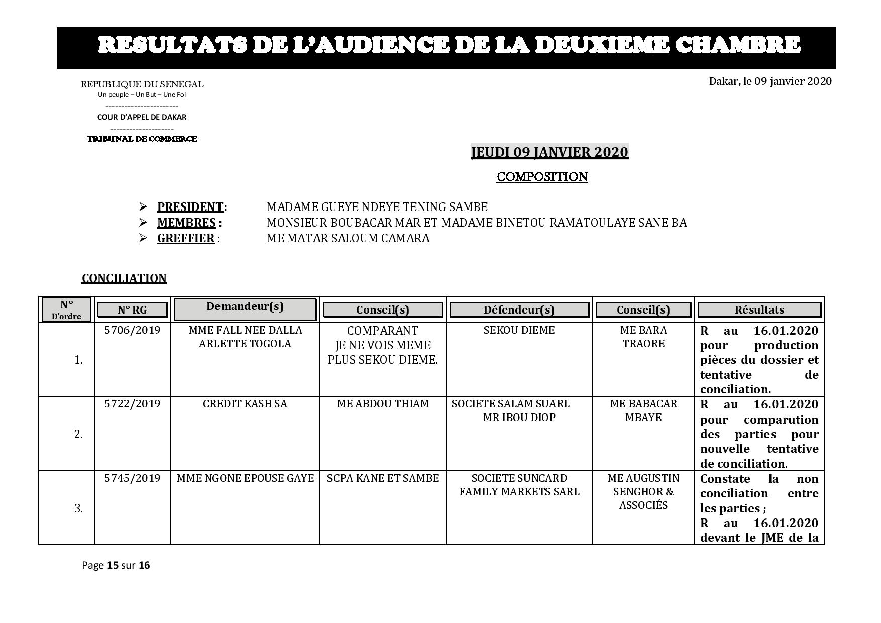 Tribunal du Commerce: Délibérés des Audiences de la 2e Chambre du jeudi 9 janvier