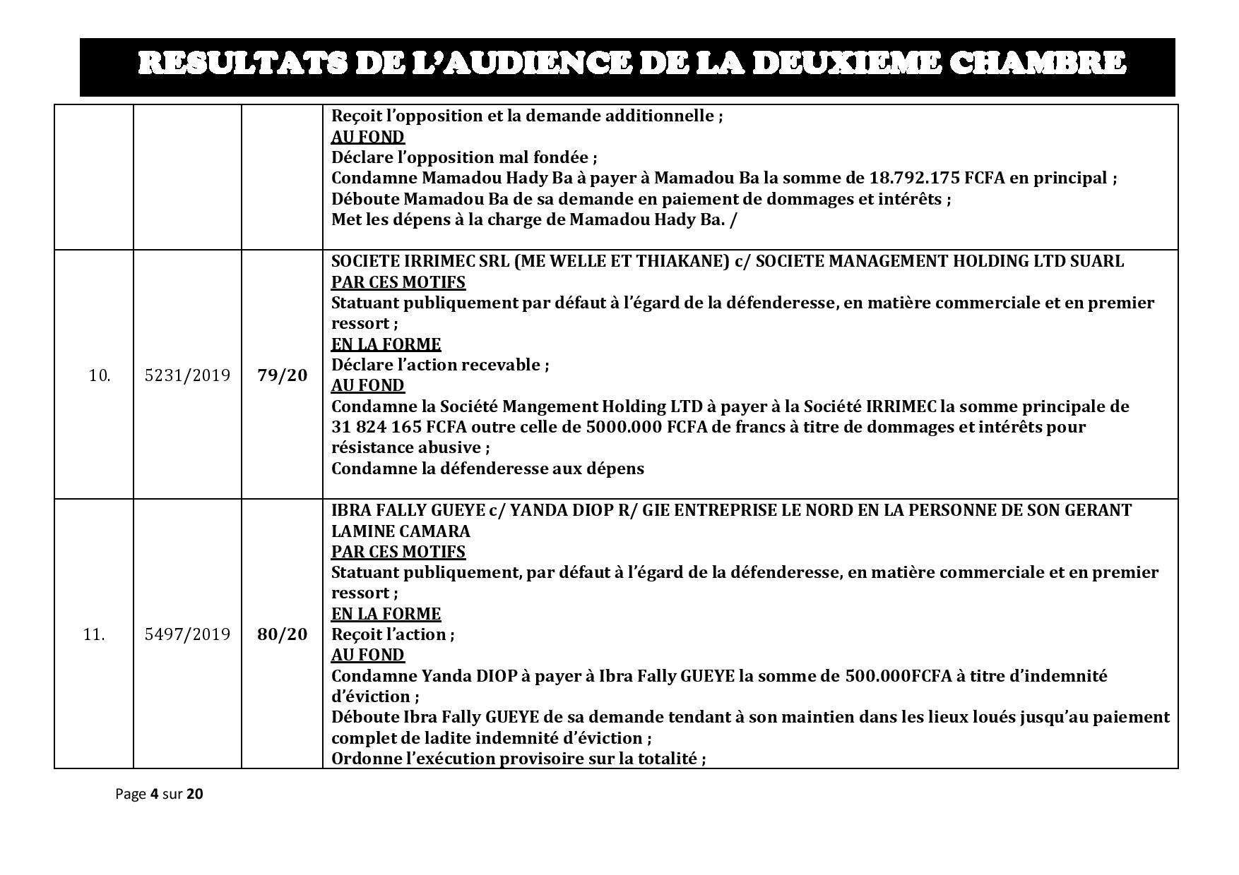 Tribunal du Commerce: Délibérés des Audiences de la 2e Chambre du jeudi 16 janvier