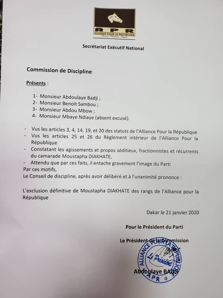 APR: Moustapha Diakhaté exclu du parti