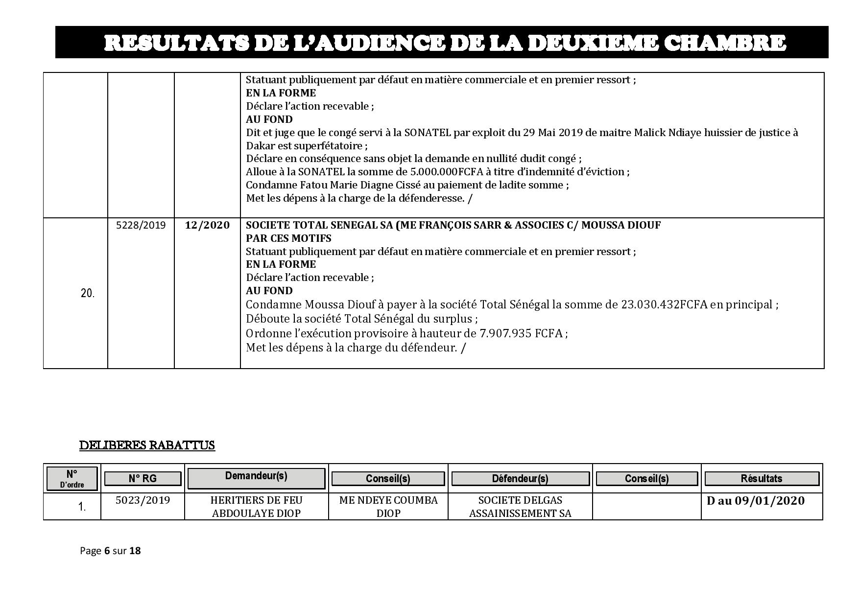 Tribunal du Commerce: Délibérés des Audiences de la 2e Chambre du jeudi 2 janvier