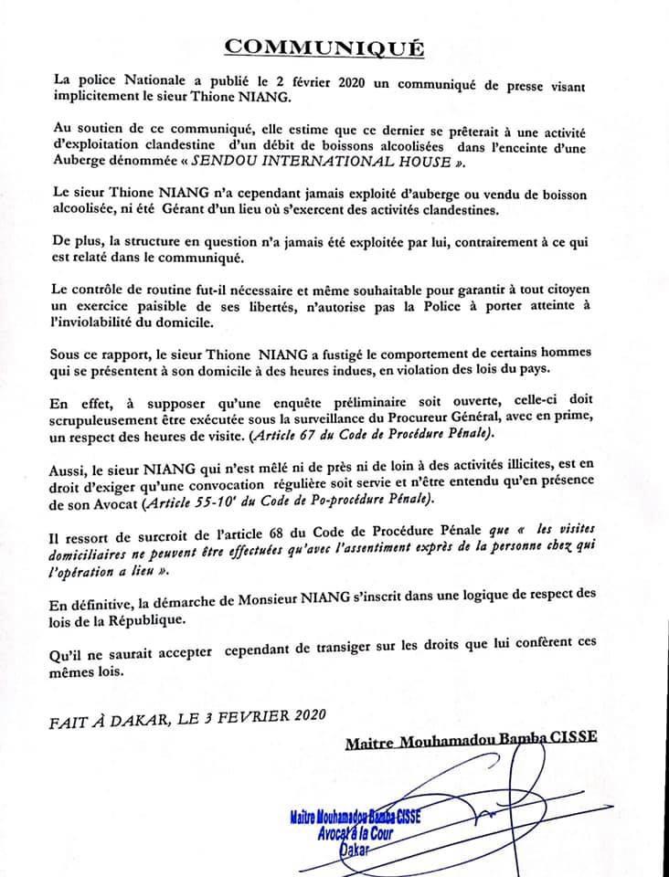 Affaire Thione Niang:  son avocat, Me Bamba Cissé répond à la Police  (Document)