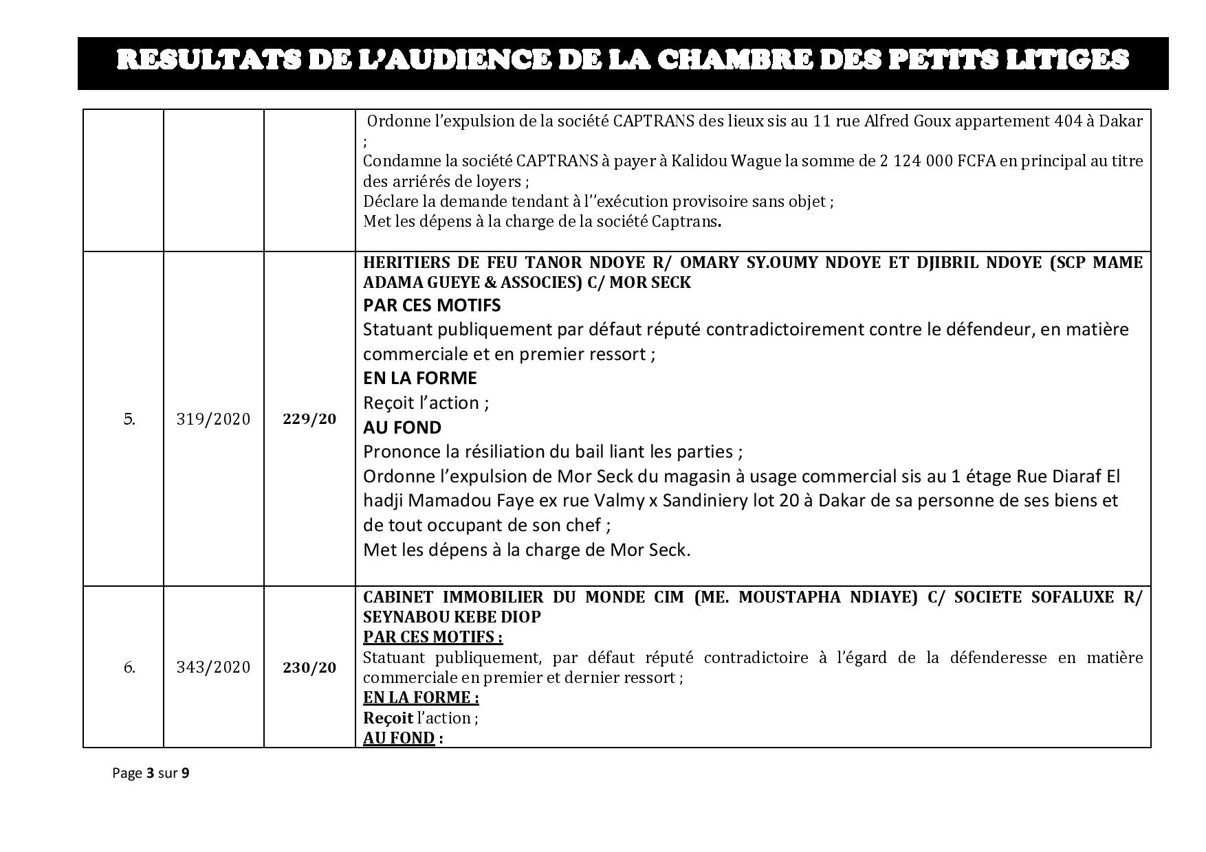 Tribunal du Commerce: Délibérés des Audiences de la Chambre des Petits Litiges du mardi 11 février