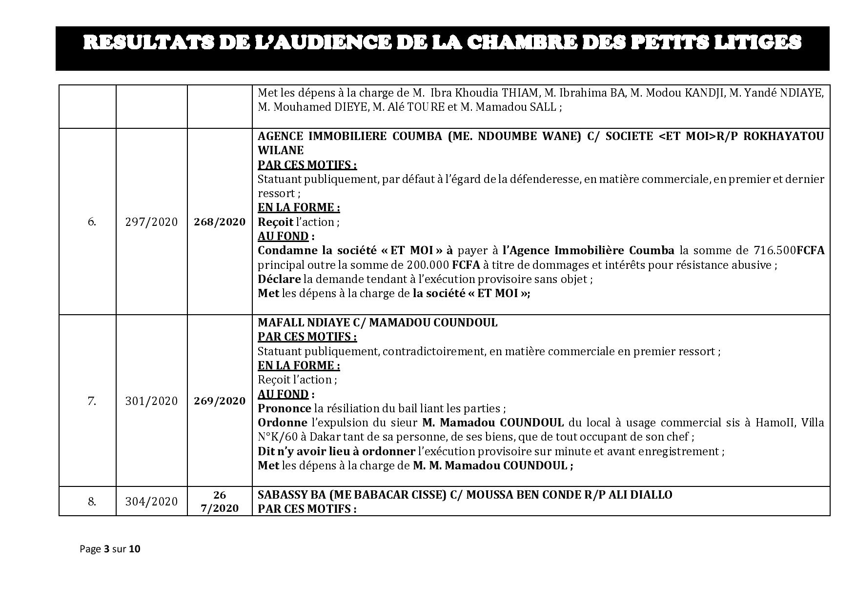 Tribunal du Commerce: Délibérés des Audiences de la Chambre des Petits Litiges du mardi 18  février