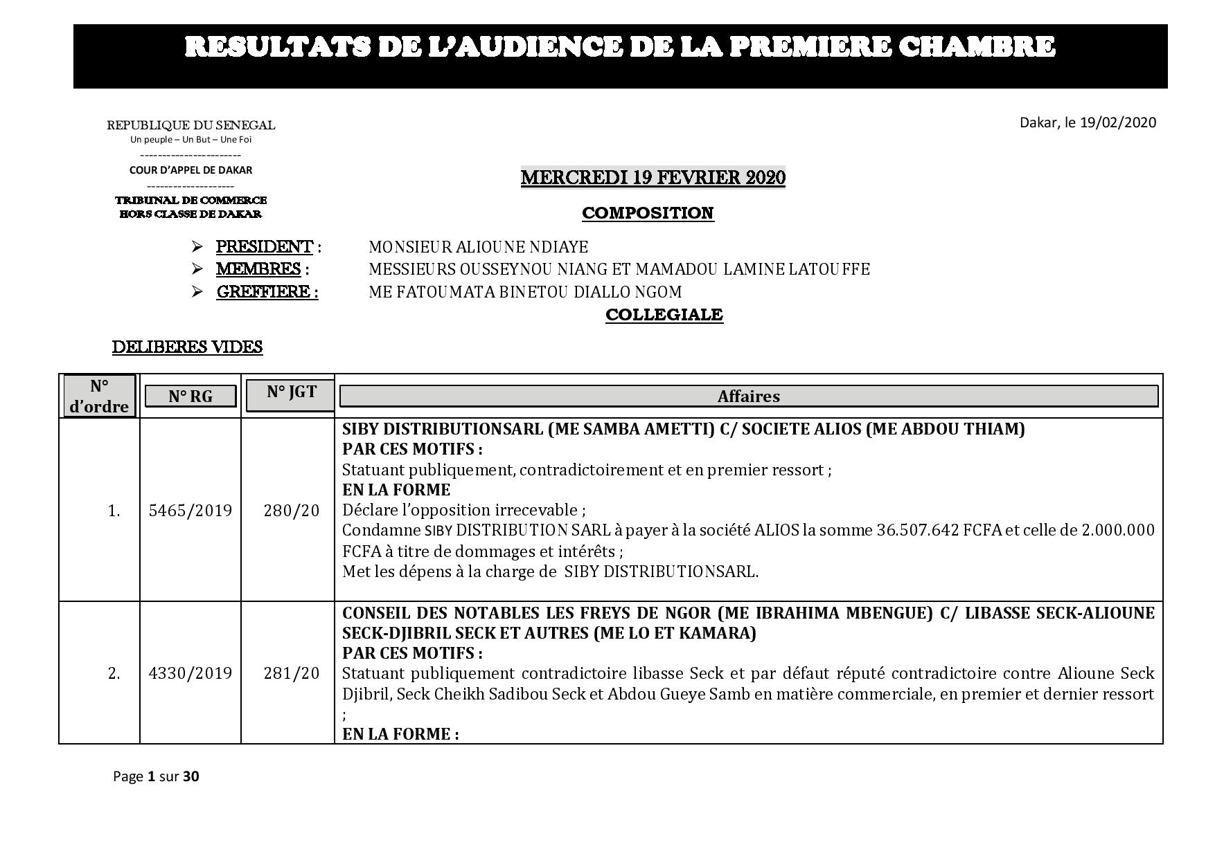 Tribunal du Commerce: Délibérés des Audiences du mercredi 19 février 