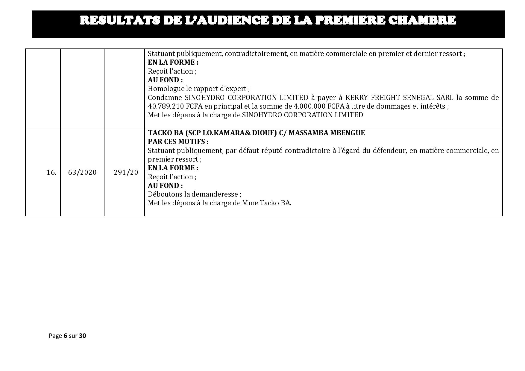 Tribunal du Commerce: Délibérés des Audiences du mercredi 19 février 
