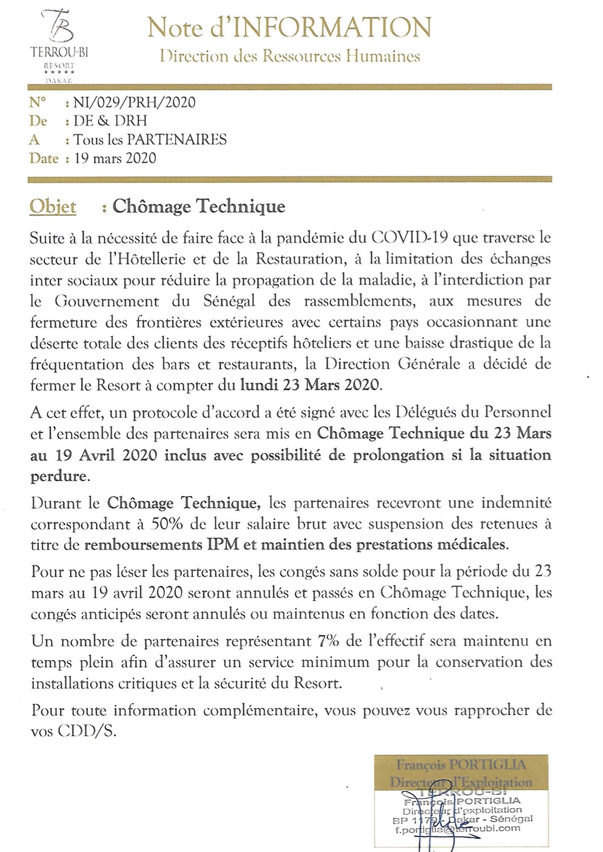 Chômage technique: L'hôtel Terrou-Bi libère quelques employés temporairement (François Portiglia, Directeur d'exploitation )
