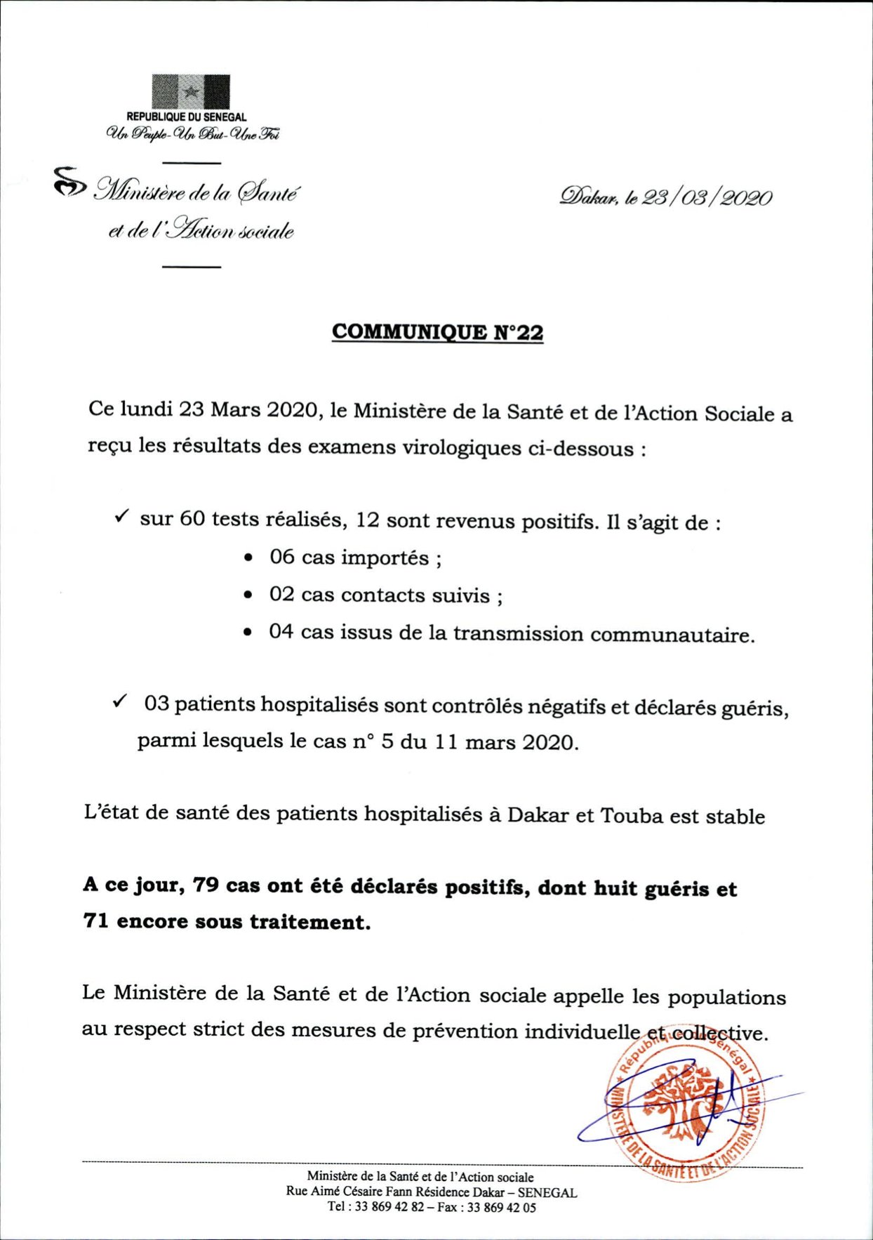 CORONAVIRUS - Communiqué numéro 22 du lundi 23 mars 2020