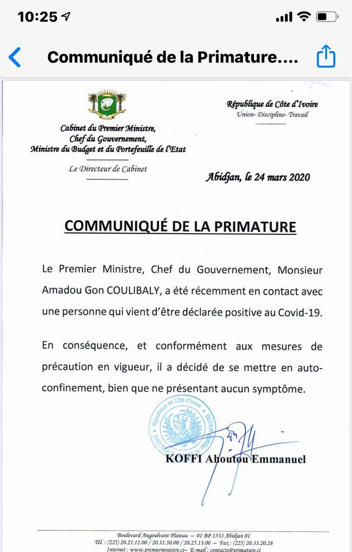 Covid19- Déclaré positif: Le Premier ministre ivoirien Gon Coulibaly s'auto-confine après voir été en contact avec une personne
