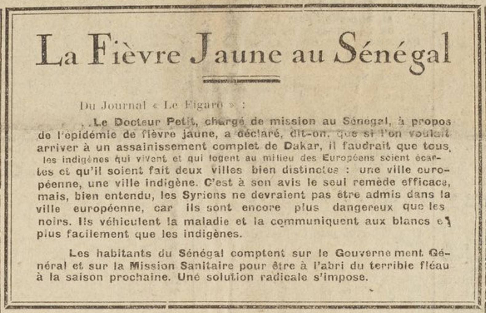 Un apartheid sanitaire au Sénégal ( 1928 )
