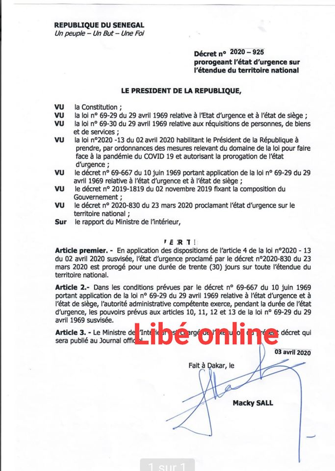 EXCLUSIVITE/PROLONGATION DU COUVRE-FEU ET DE L'ETAT D'URGENCE : Le décret de Macky Sall