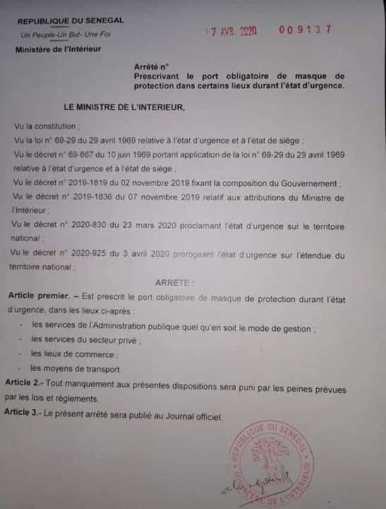 OFFICIEL - Le port du masque est désormais obligatoire au Sénégal  (Ministère de l'Intérieur)