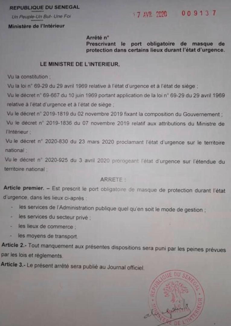 Covid-19- Arrêté du Ministre de l'Intérieur, Aly Ngouille Ndiaye: Le port de masque devient obligatoire dans certains lieux