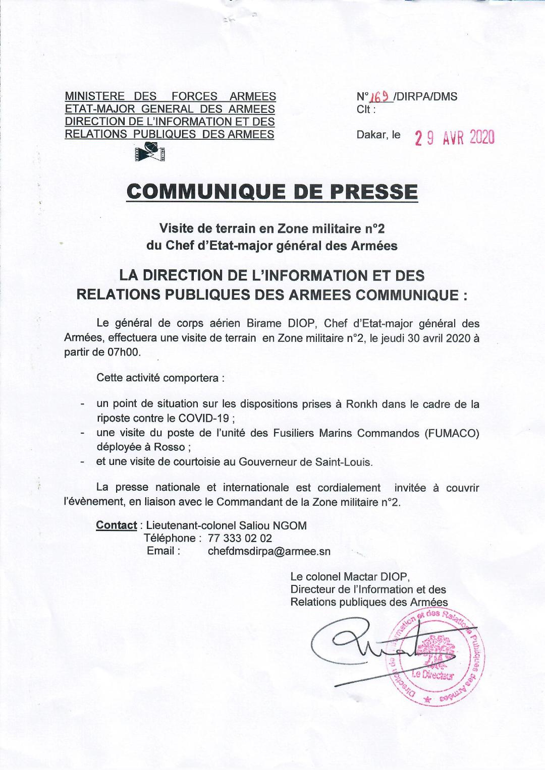 Armée: Le Chef d’Etat-major général des armées, Birame Diop a effectué une visite de terrain en Zone militaire n° 2