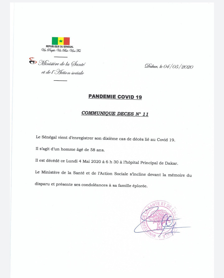 Covid-19 / Le Sénégal enregistre son 10e décès: Un homme âgé de 58 ans trépasse