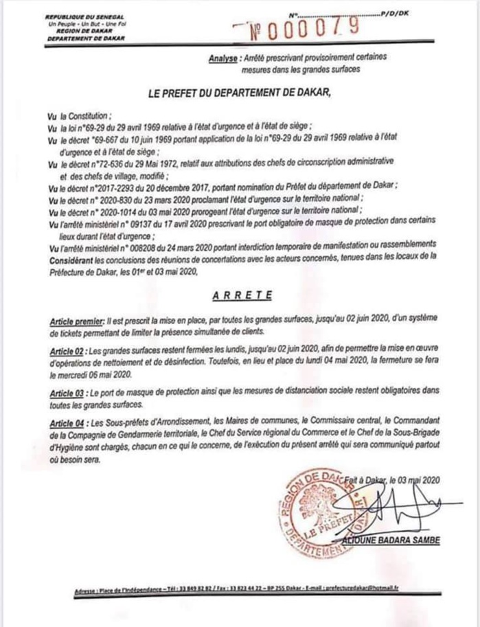 DAKAR: Arrêté préfectoral prescrivant provisoirement certaines mesures dans les grandes surfaces (DOCUMENT)