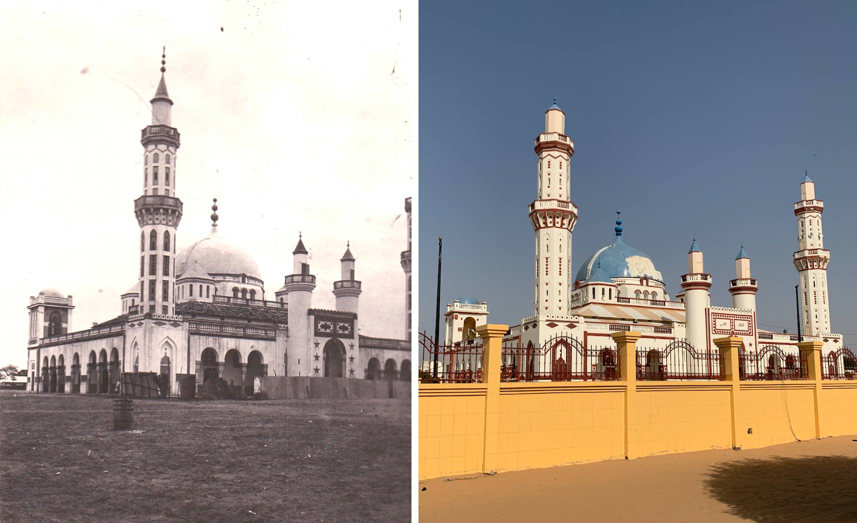 La Grande mosquée de Diourbel est un monument majestueux inspirée de la mosquée bleue d’Istambul. Sa construction a été entreprise par le Cheikh Ahmadou Bamba en 1918 et achevée en 1925, soit 2 ans avant son décès. On la voit sur l’image de gauche au moment de son achèvement.