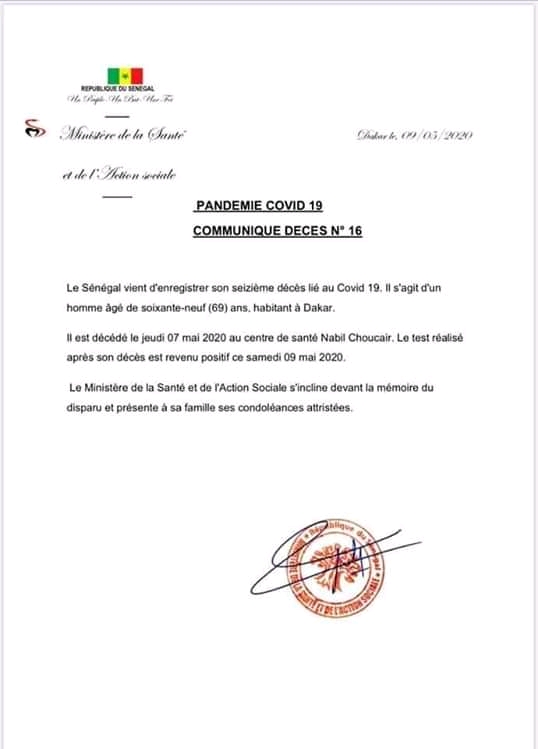 Le Sénégal compte désormais 16 cas de décès de la Covid-19
