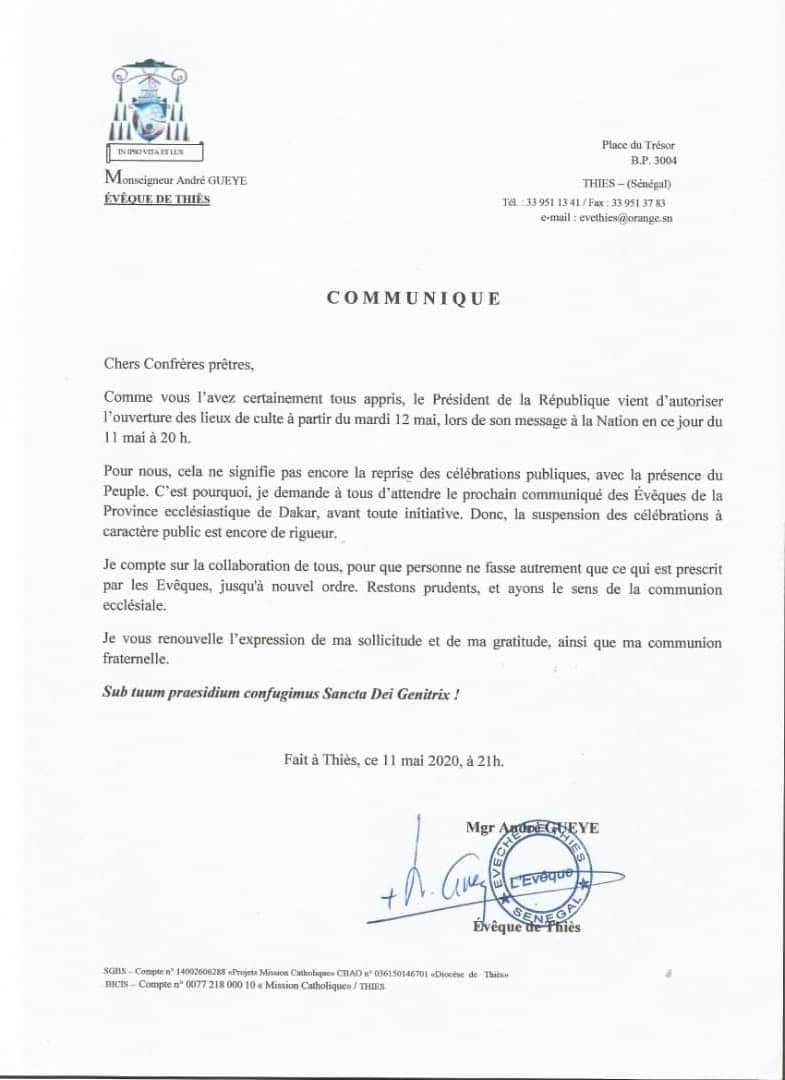 Réouverture des lieux de culte: L’évêque de Thiès maintient la suspension des célébrations publiques