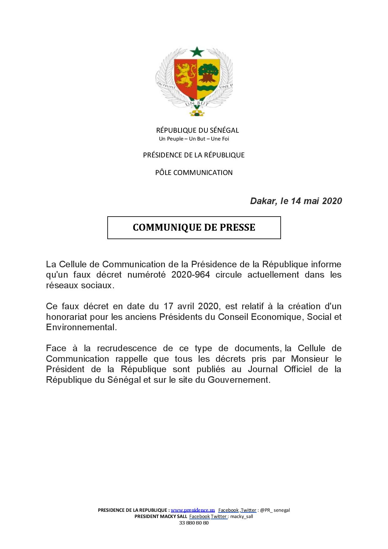 La Cellule de Communication de la Présidence de la République informe qu'un faux décret numéroté 2020-964 circule actuellement dans les réseaux sociaux