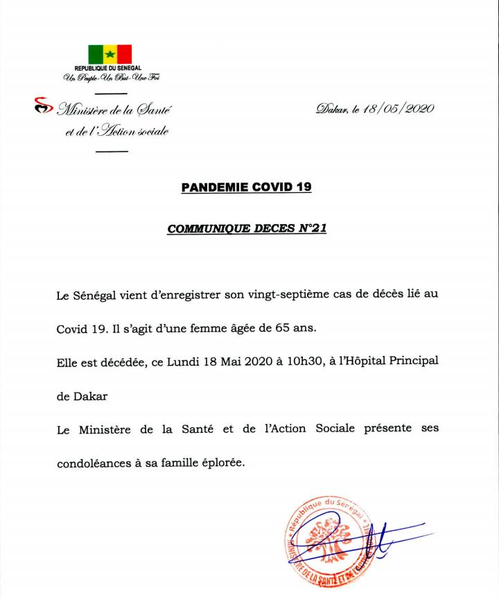 Le Sénégal enregistre un 27e décès lié au Covid-19