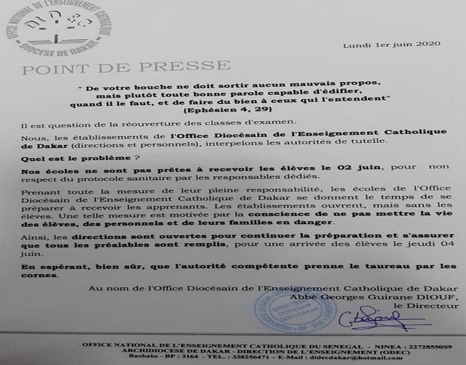 Reprise des cours demain 2 juin 2020: l’Office Diocésain de Dakar dit poliment « non ! » et explique pourquoi…