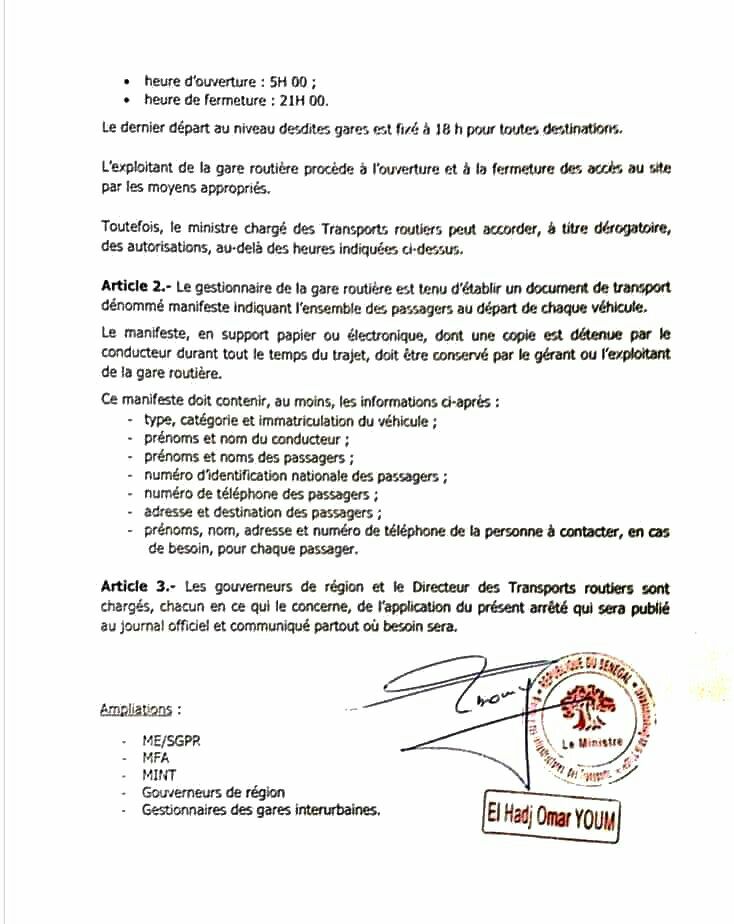 Transport interurbain: Oumar Youm fixe les heures d’ouverture et de fermetures des gares