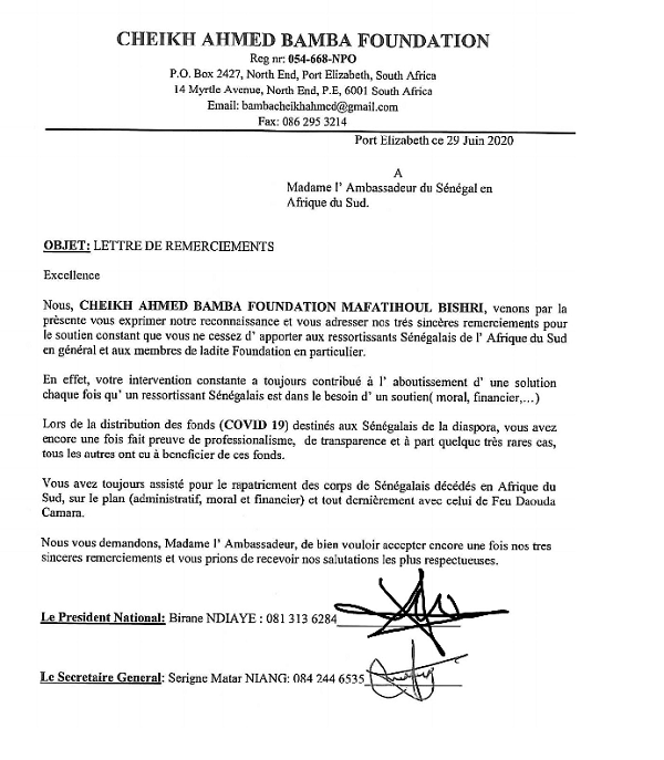 Gestion de l’aide Force Covid-19 destinée à la Diaspora: démenti formel des infos salissant l’ambassadeur du Sénégal en Afrique du Sud
