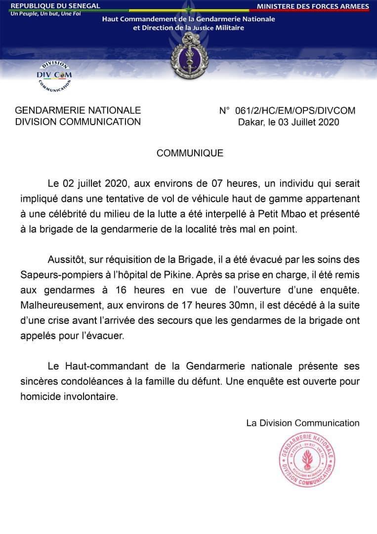 Mort d’un homme arrêté pour tentative de vol, à la brigade de Petit Mbao: Les explications de la gendarmerie nationale!