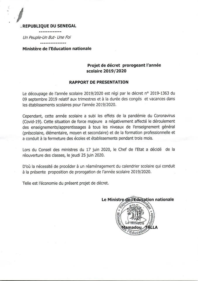 Enseignement: L’année scolaire prolongée jusqu’au 30 septembre 2020