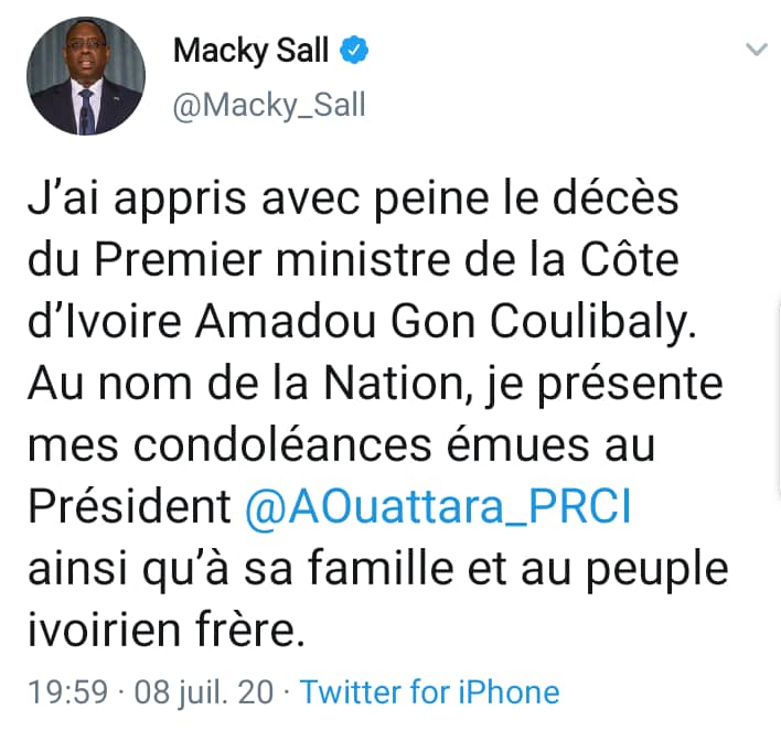 Décès de Amadou Gon Coulibaly: Les condoléances de Macky Sall