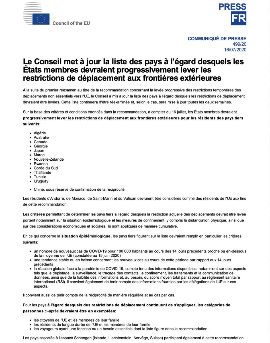 Vols internationaux: L'Ue snobe le Sénégal dans son processus de réouverture de son espace