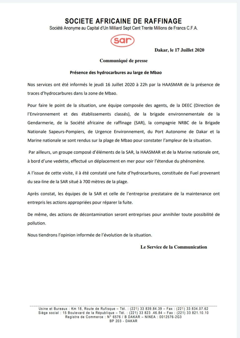 Environnement: Fuite d'hydrocarbures au large de Mbao