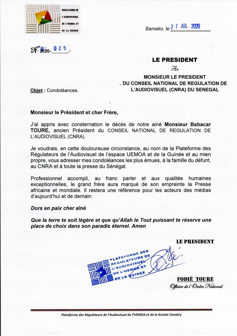 Suite au décès de Babacar Touré: Les présidents des instances de régulation d’Afrique présentent leurs condoléances à Babacar Diagne