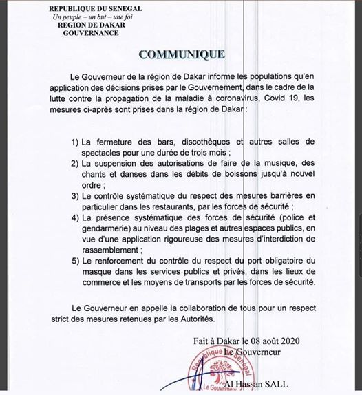 Covid-19: Voici les cinq mesures prises dans la région de Dakar par le gouverneur