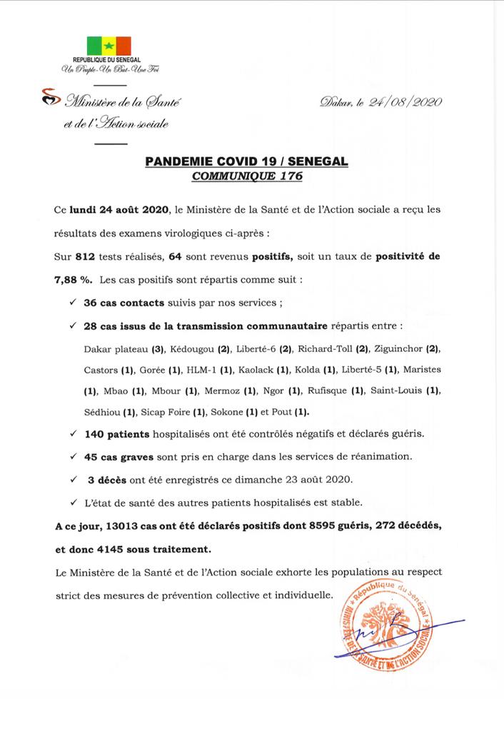 Covid 19 : 64 nouveaux cas, 140 patients guéris, 45 cas graves, 3 nouveaux décès