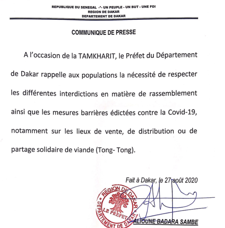 Covid 19 et Tamkharit: Le  Préfet de Dakar rappelle aux populations le respect des interdictions et des gestes barrières...