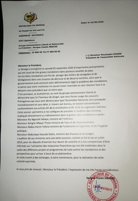 Inondations / Audition de ministres à l'Assemblée nationale: La lettre du Pds à Moustapha Niasse !